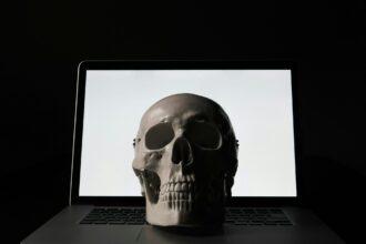 A skull specimen and an abusive image of a computer