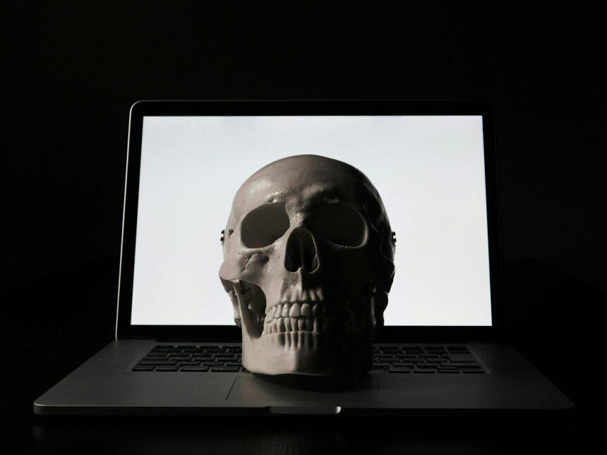 A skull specimen and an abusive image of a computer