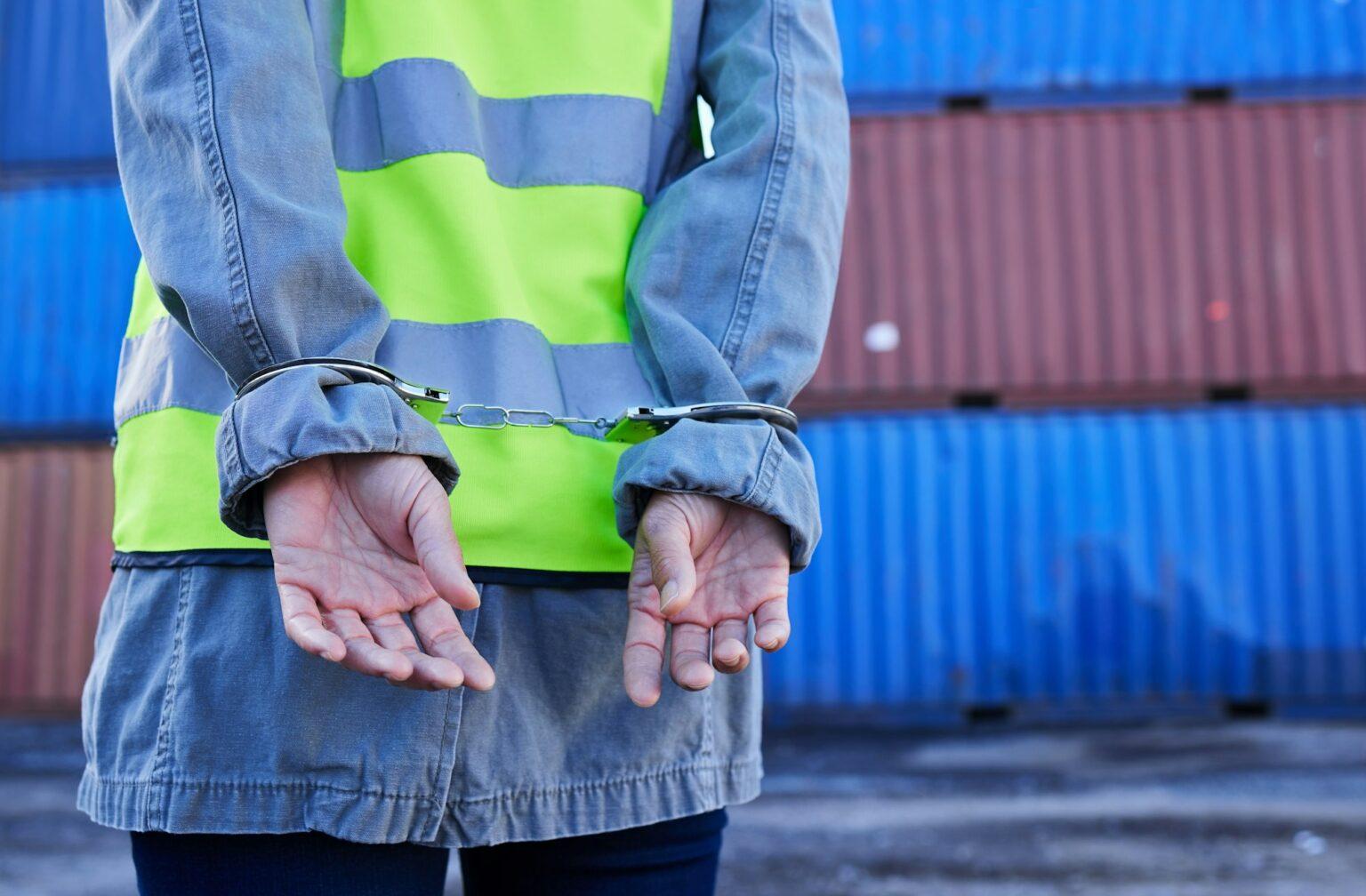 Hands, man and arrest of engineer in handcuffs for theft, crime or fraud. Corruption, law and logis