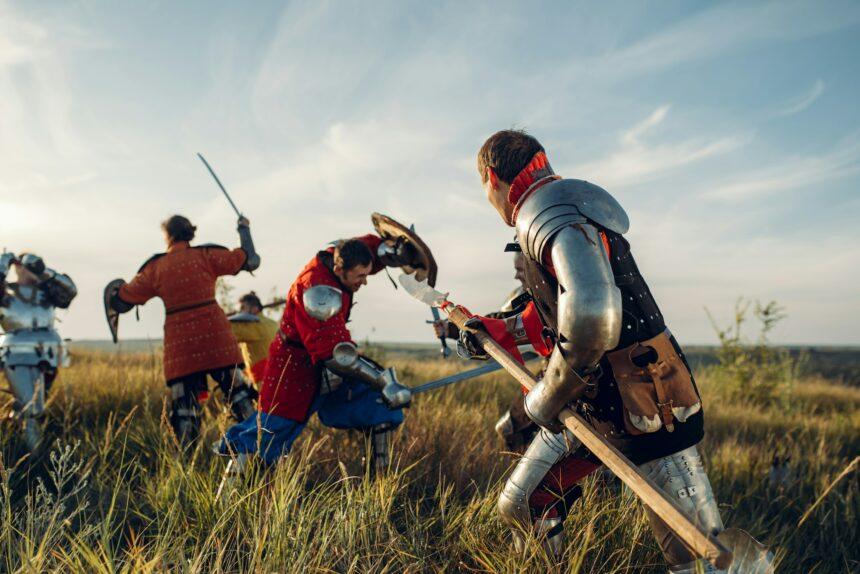 Medieval knights standing opposite each other