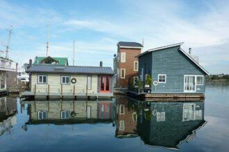 Colorful and cute houses and their reflections in the water