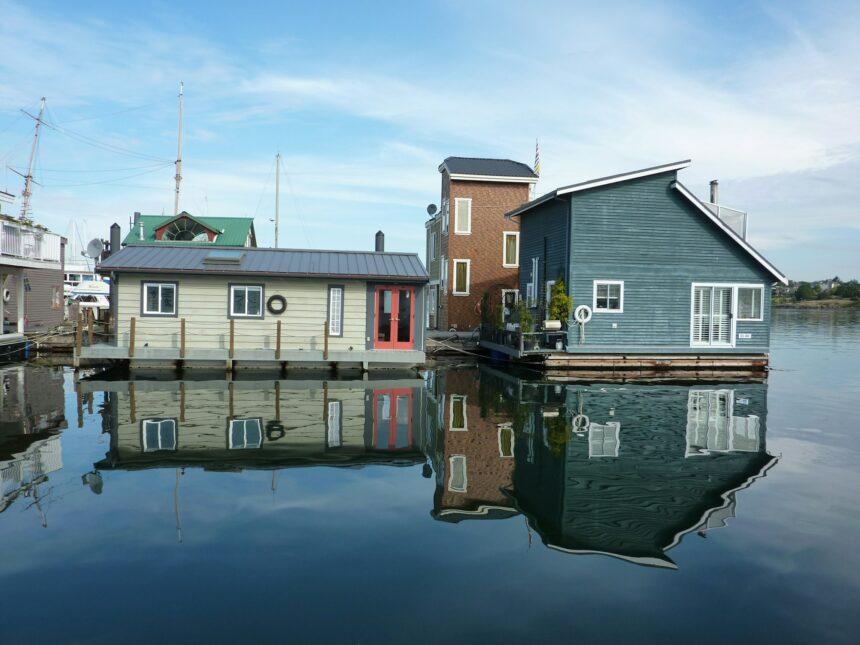 Colorful and cute houses and their reflections in the water