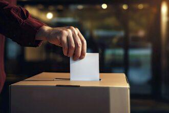 Person Deposits Voting Card Into Ballot Box at Voting Center