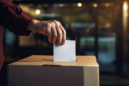 Person Deposits Voting Card Into Ballot Box at Voting Center