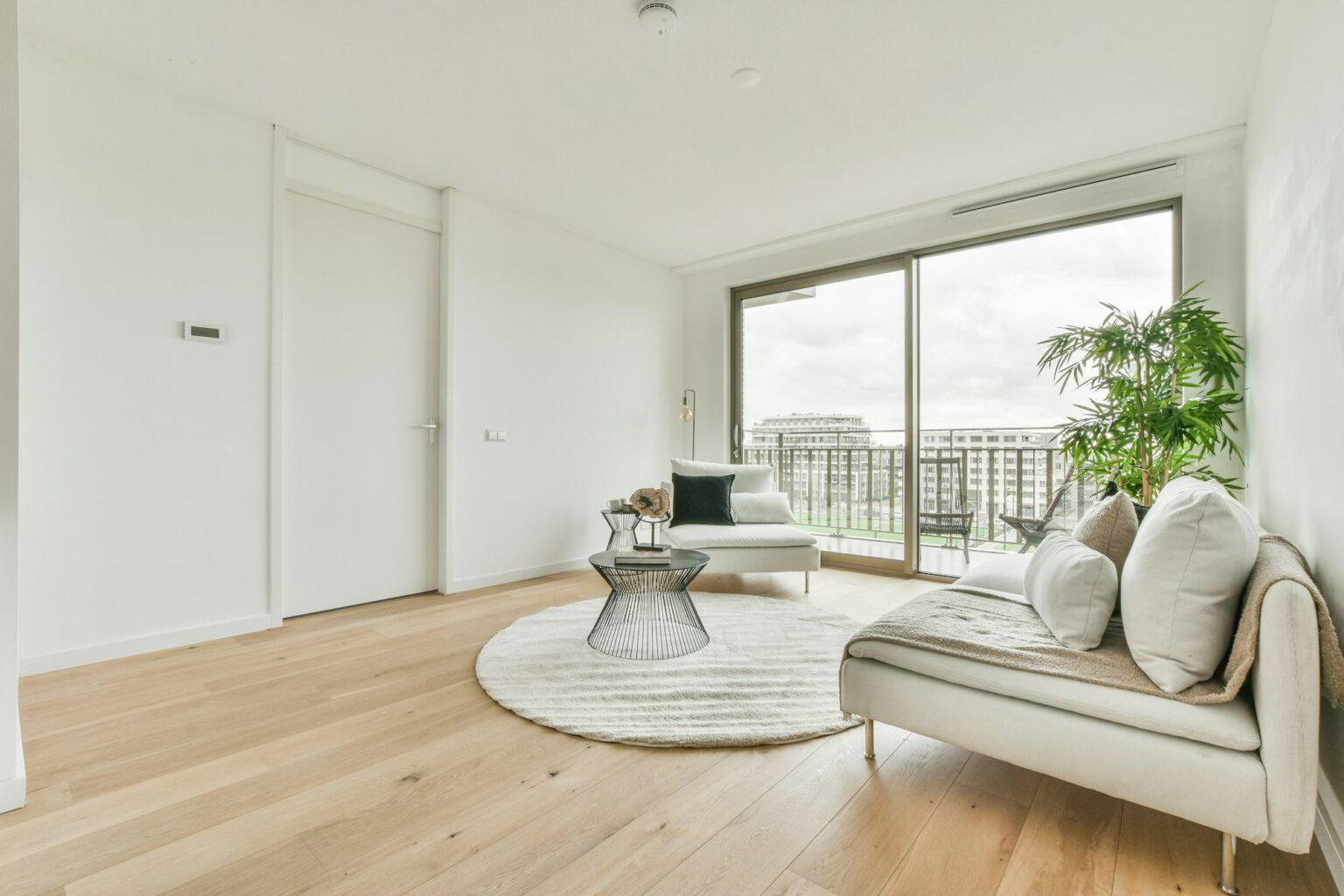 Stylish living room with white sofa and carpet