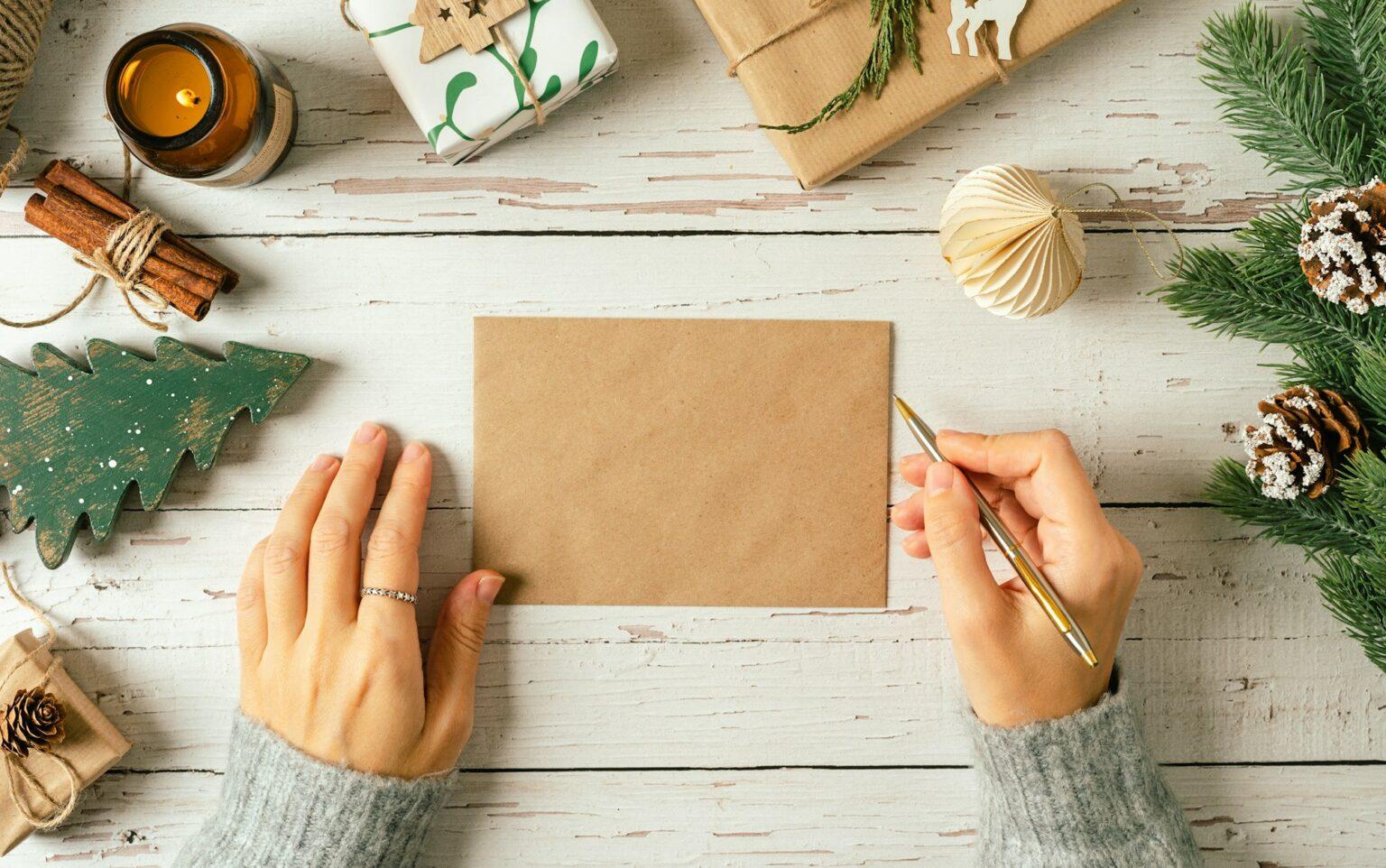 Woman hands in sweater writing on blank envelop greeting card . Flat lay of white wooden background