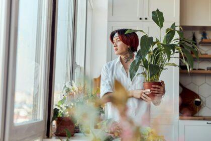 Smiling Asian guy holding a green plant and looking out the window