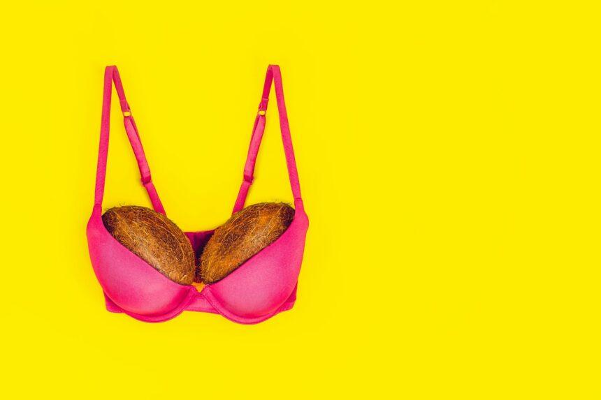 Two coconuts in bright pink bra on yellow background. Woman breast metaphor. Plastic surgery,