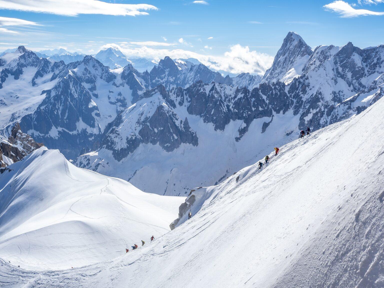 Views of mountains and climbers from Auguille du Midi, France