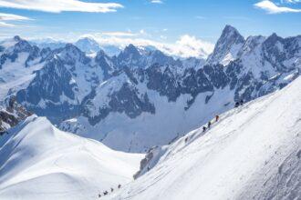 Views of mountains and climbers from Auguille du Midi, France