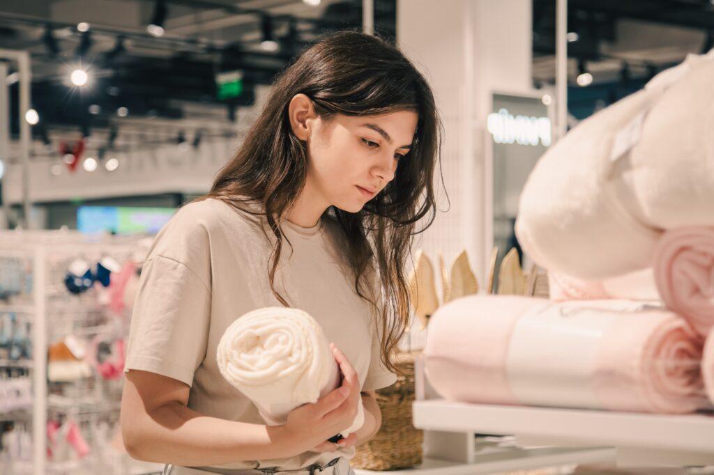 A young woman chooses blankets for a home interior in a home improvement store.