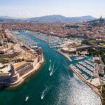 Aerial view of Marseille pier - Vieux Port, Saint Jean castle, a