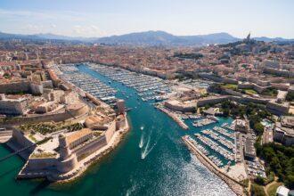 Aerial view of Marseille pier - Vieux Port, Saint Jean castle, a