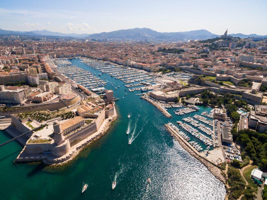 Aerial view of Marseille pier - Vieux Port, Saint Jean castle, a