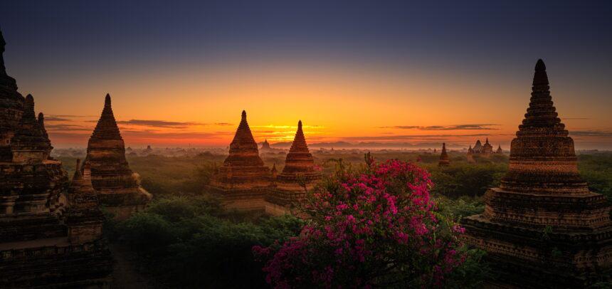 Bagan City Myanmar Burma Beautiful Sunrise Panorama over the Bri