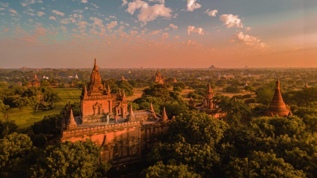 Myanmar, couple sunrise Bagan, men woman sunset Bagan Myanmar