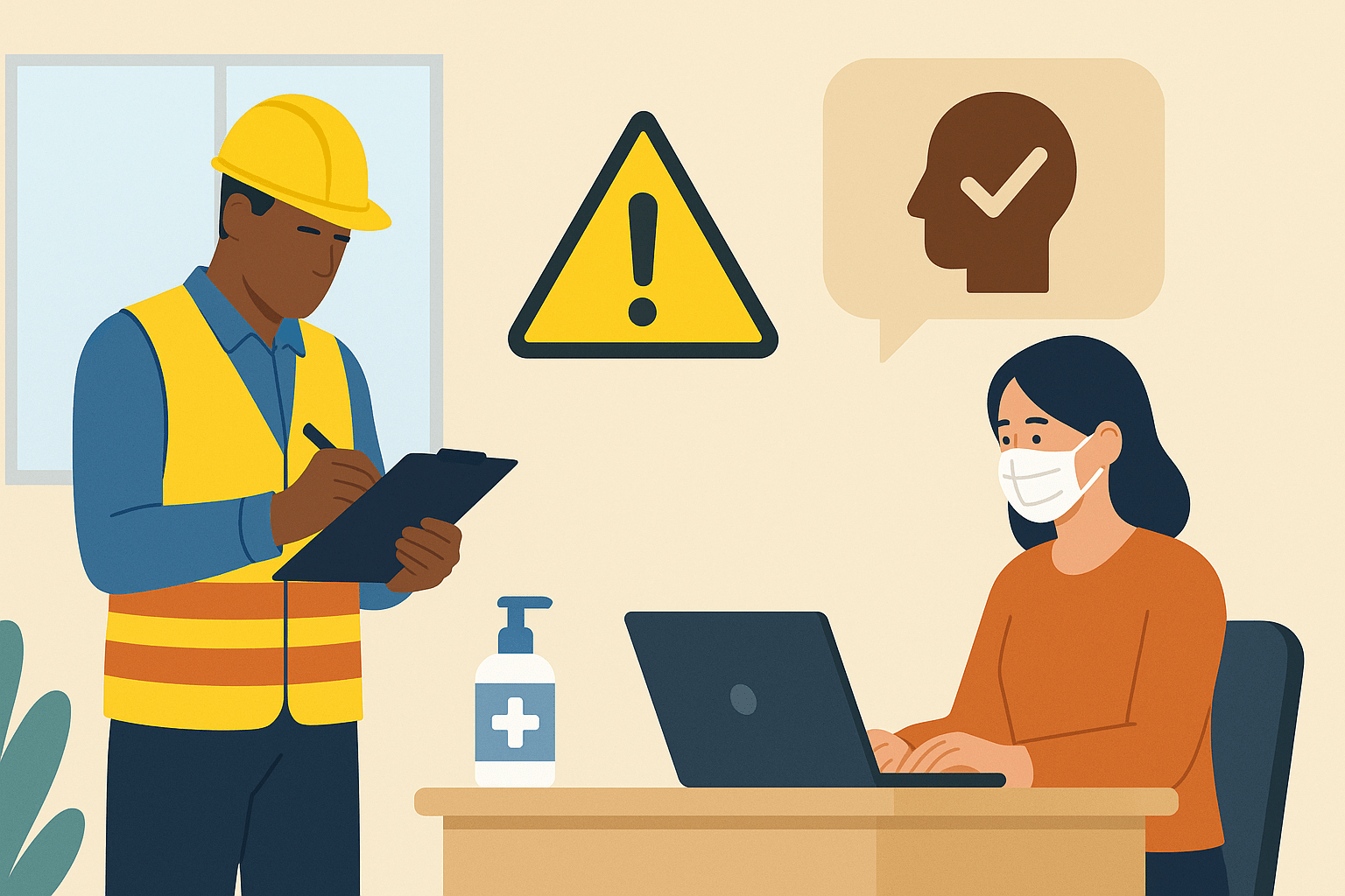 Travailleur sécurité, bureau, hygiène, alerte.