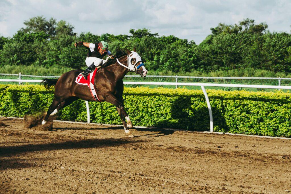 A dynamic shot of a jockey riding a galloping horse during a thrilling race outdoors.