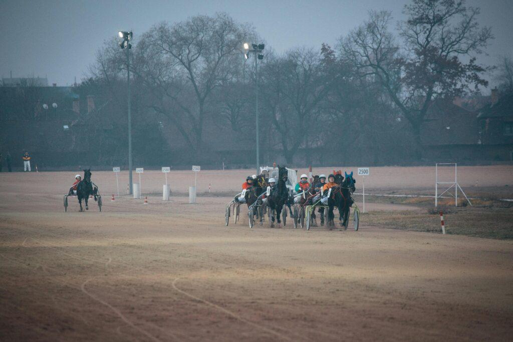 Thrilling horse racing competition at a race track in Budapest, Hungary. Capture the excitement!