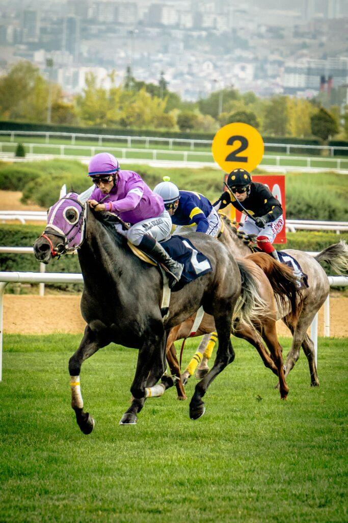 Dynamic horse racing scene with jockeys competing at Ankara's racetrack.